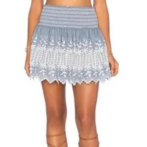 LoveShackFancy Dresses & Skirts - Womens LoveShackFancy Georgia Light Indigo Blue White Embroidered A-Line Skirt 0